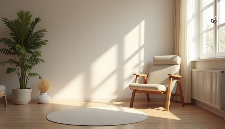 Eye-level view of a calm therapy room with a comfortable chair and soft lighting