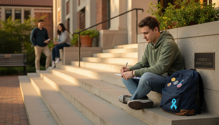 Eye-level view of a student sitting quietly on campus steps with a backpack beside them