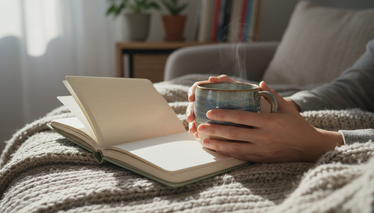 Close-up of hands holding a warm mug beside an open journal on a couch.