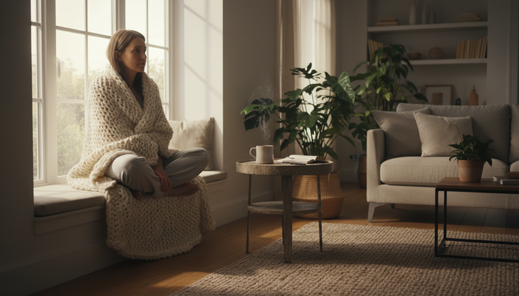 Eye-level view of a person sitting quietly by a window with soft morning light.