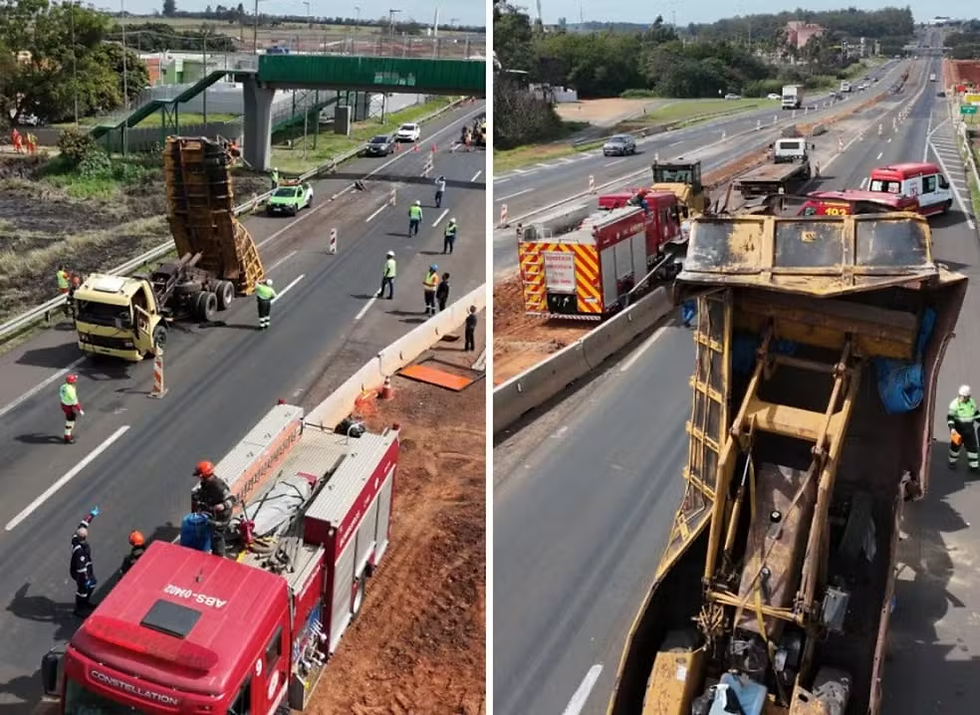 Caçamba colidiu contra passarela na Rodovia Washington Luís em São Carlos (SP) — Foto: Drone Le Petit