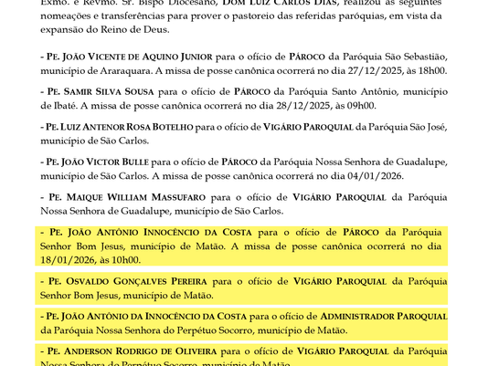Comunicado oficial da Cúria Diocesana de São Carlos