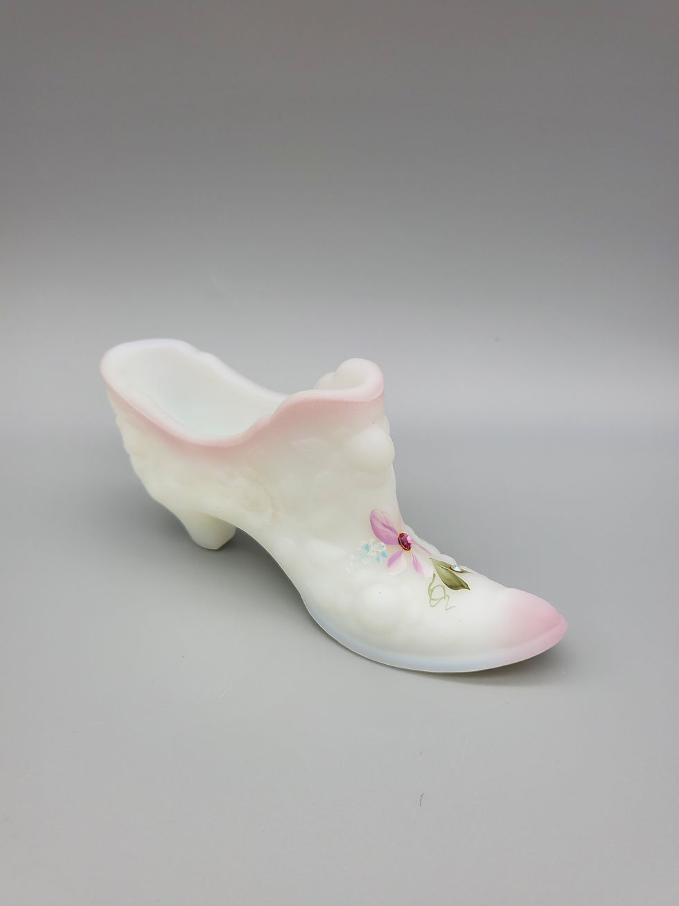 Fenton Glass White Satin Cabbage Rose Shoe Figurine Hand Painted