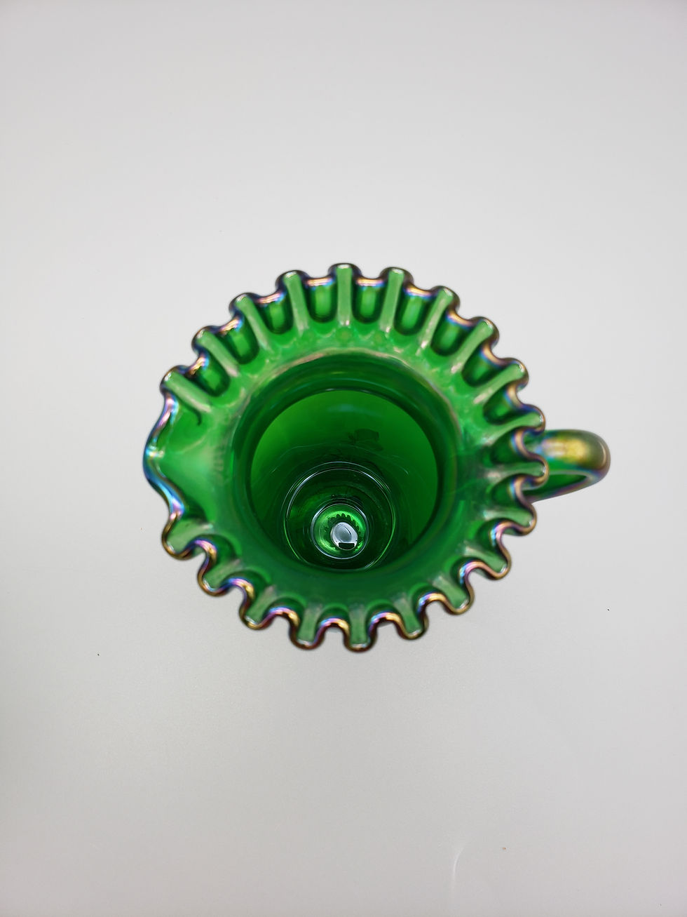 Thumbnail: Fenton Glass ICGA Carnival Ruffle Pie Crust Edge Green Pitcher Vase
