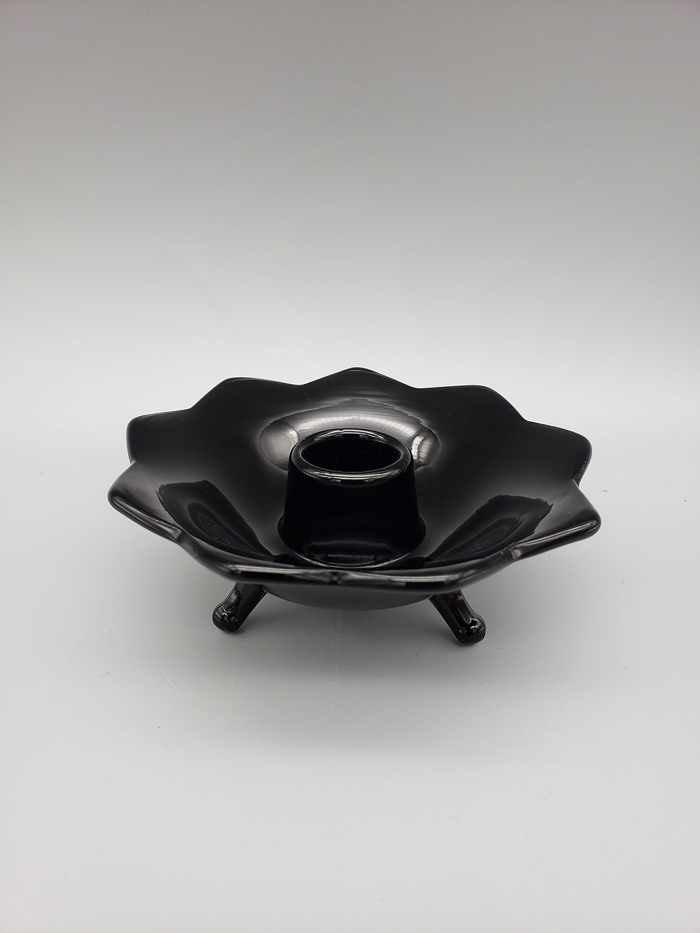 Fenton Glass Lotus Footed Black Amethyst Candlestick Holder