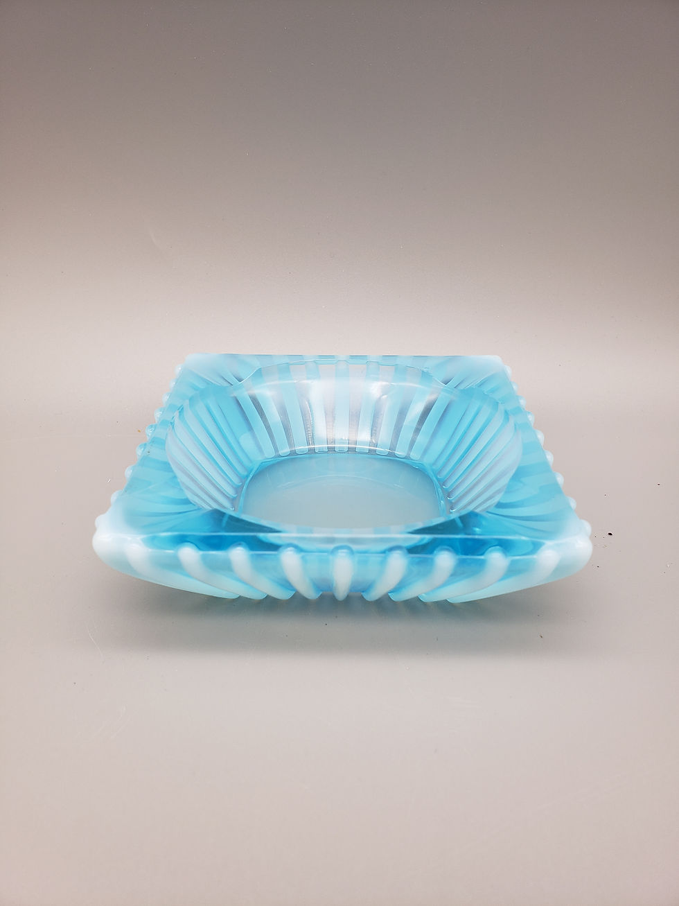 Fenton Glass Opalescent Square Ribbed Striped Aqua Blue Ashtray