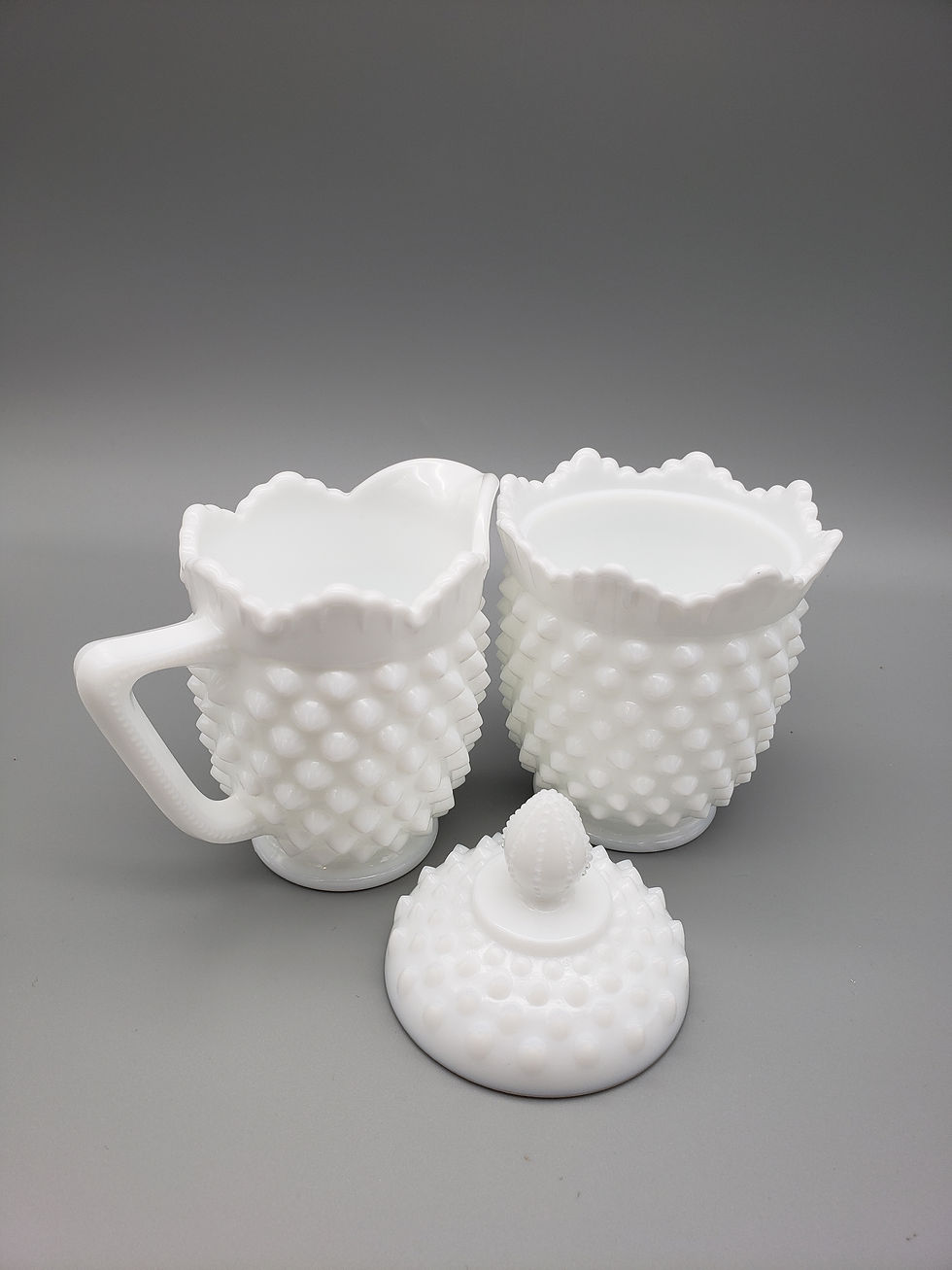 Thumbnail: Fenton Glass Milk Glass Hobnail Scalloped Edge Creamer and Sugar Bowl