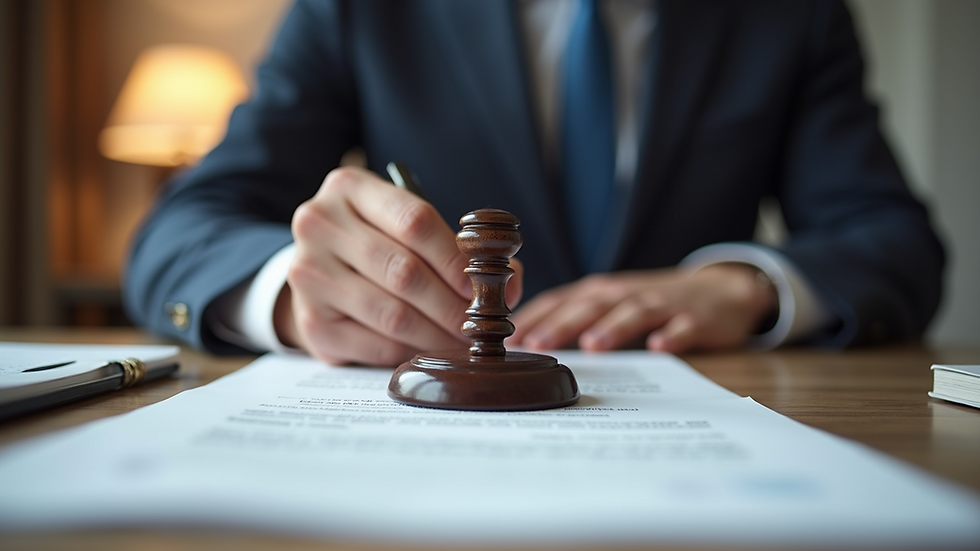 Eye-level view of a notary public desk with a stamp and documents