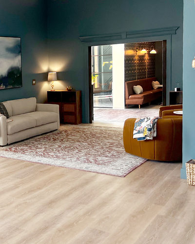 Cozy living room with sofa, rug, and furniture; Setting: home decor.