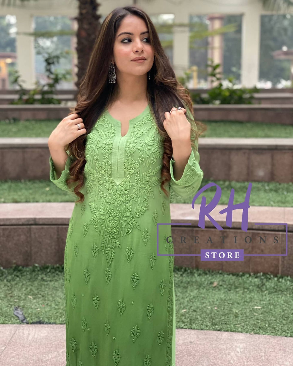 Thumbnail: Hand Embroidered Viscose Lucknowi Chikankari Set (Kurti and Plazo)