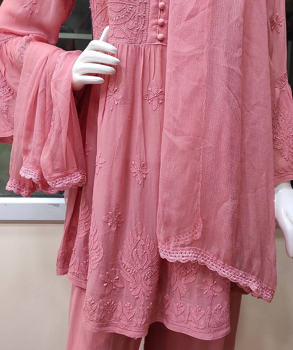 Thumbnail: Hand Embroidered Viscose Lucknowi Chikankari Set (Kurti,Plazo and Dupatta)