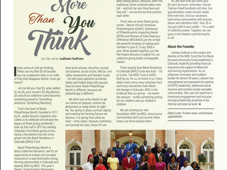A magazine page from the Denver Urban Spectrum titled “What Can Your $5 Do? More Than You Think,” featuring an op-ed by LaDawn Sullivan. The article highlights the power of collective giving in Black communities, focusing on the BRIC Fund in Colorado. A group photo at the bottom shows a diverse gathering of Black community leaders and giving circle members in formal attire standing on the steps of a building. A headshot of LaDawn Sullivan appears in the top right corner, accompanied by a short bio. The layout includes decorative fonts and a green-and-white color scheme.