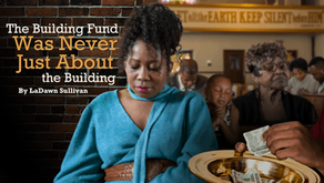 Black church congregation during an offering, with a woman seated in the foreground and a hand placing money into a collection plate, illustrating Black church philanthropy and collective giving.