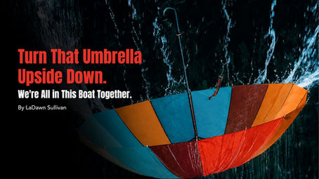 An upside-down umbrella in the BRIC Fund’s brand colors catches rain during a storm beneath the headline “Turn That Umbrella Upside Down. We’re All in This Boat Together.” The image symbolizes Black philanthropy, collective giving, shared resources, community resilience, and building stronger Black communities through generosity.
