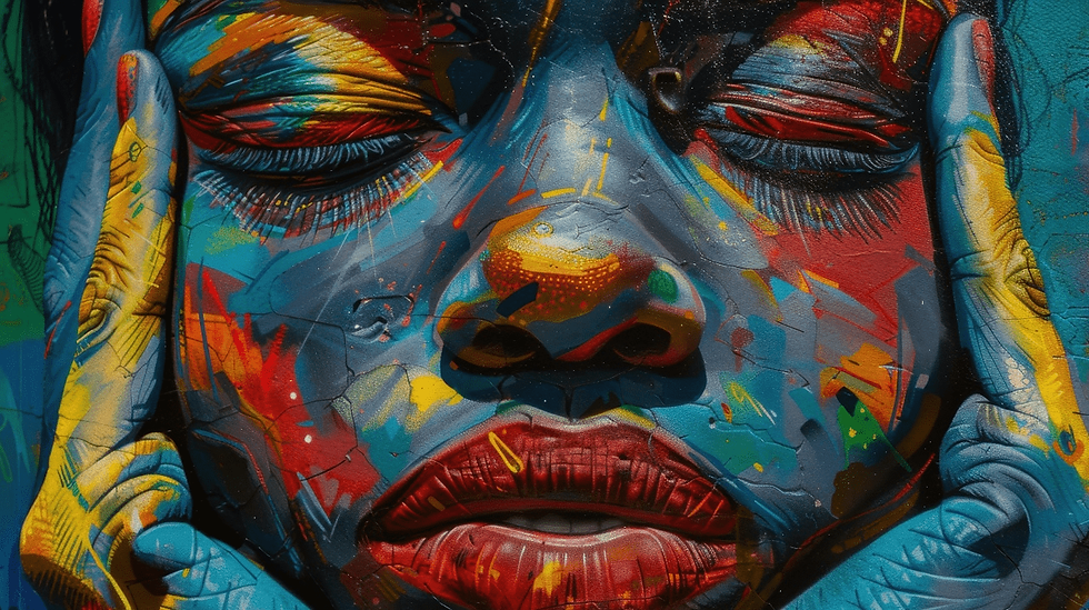 Vivid mural of a Black woman with her eyes closed and hands framing her face, painted in bold strokes of blue, red, yellow, and orange. The artwork captures emotion, strength, and introspection, symbolizing resilience, power, and the beauty of self-reflection within the Black experience.
