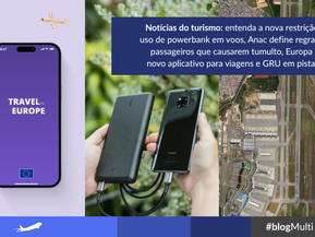 à esquerda um celular com tela roxa escrito Travel to Europe. no meio, um homem segura em cada mão um celular e um powerbank conectados. à direita, por vista aérea a pista de voo do aeroporto de guarulhos.