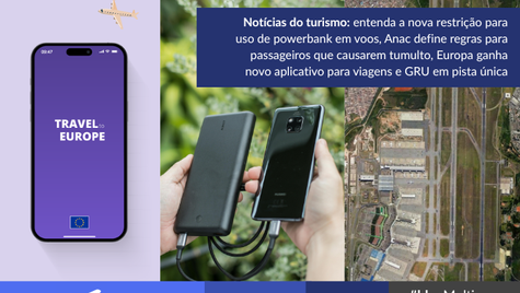 à esquerda um celular com tela roxa escrito Travel to Europe. no meio, um homem segura em cada mão um celular e um powerbank conectados. à direita, por vista aérea a pista de voo do aeroporto de guarulhos.