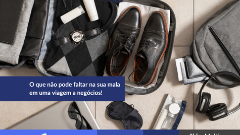 Na imagem, uma mala, com itens de um executivo (relógio, sapato, óculos de sol, sueter, fone de ouvido, mochila). Tudo em tons de preto e cinza.