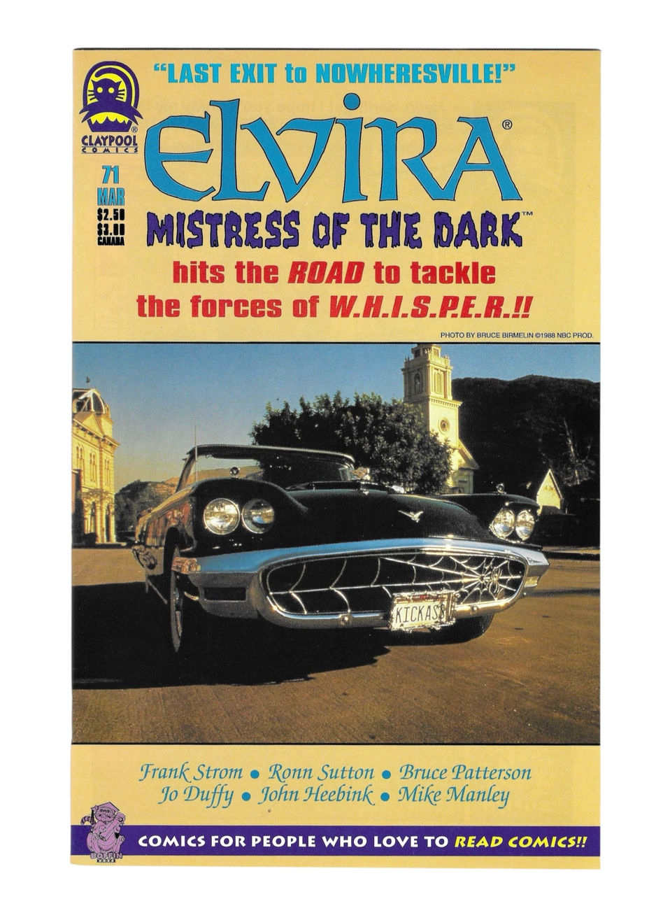 Elvira Mistress of the Dark comic book cover featuring a black car with a spiderweb grille and text that says "Last Exit to Nowheresville!"