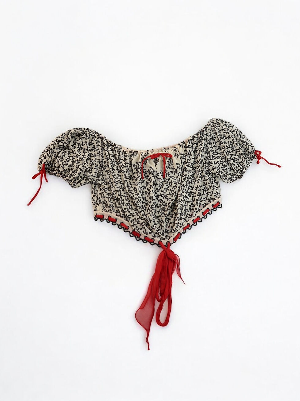 Floral print off-the-shoulder crop top with red ribbon tie