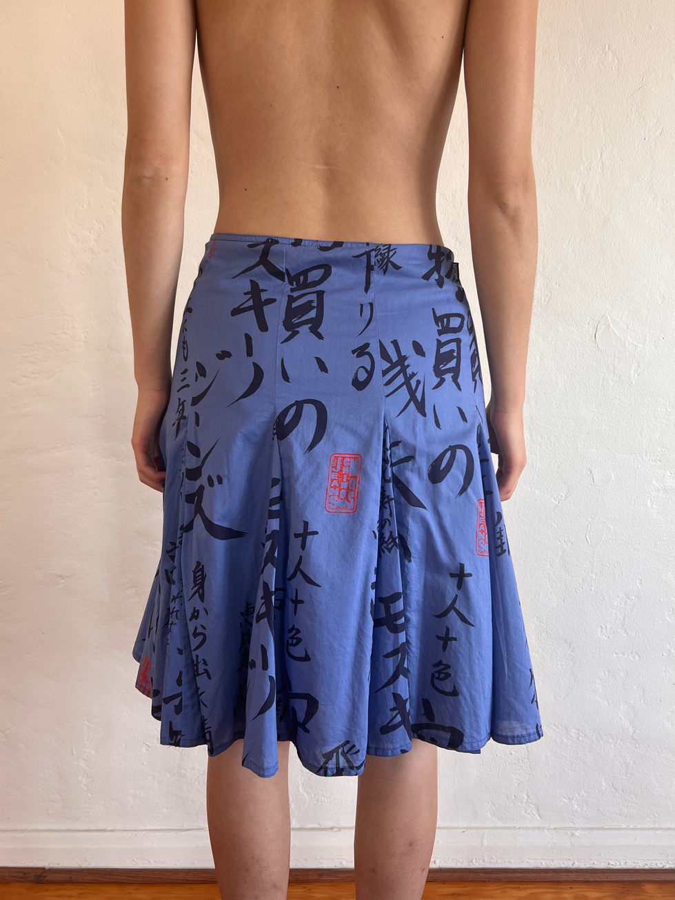 Blue skirt with Japanese characters printed on it