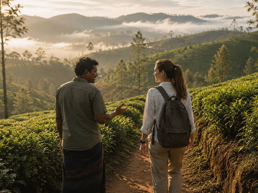 Local Sri Lankan guide walking with a traveller through tea plantations in Sri Lanka’s misty hill country.