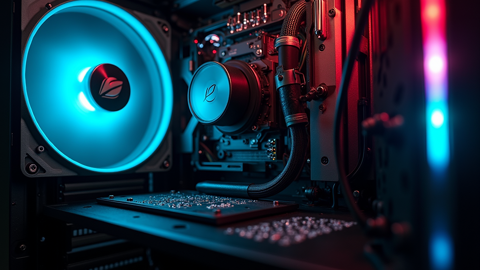 Eye-level view of interior components of Sentry's Case Gaming PC showing the cooling system and cable management