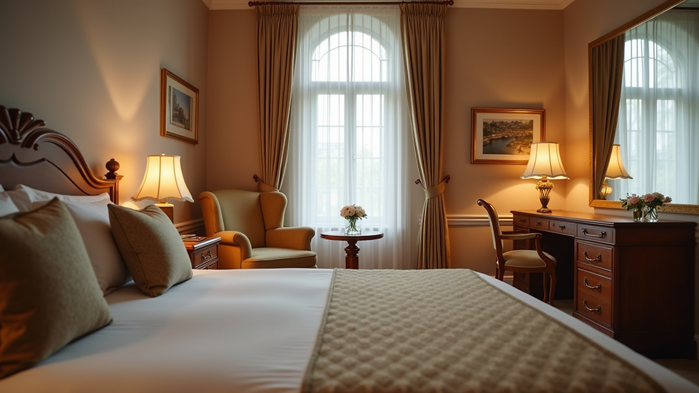 Eye-level view of a cozy boutique hotel room with elegant decor