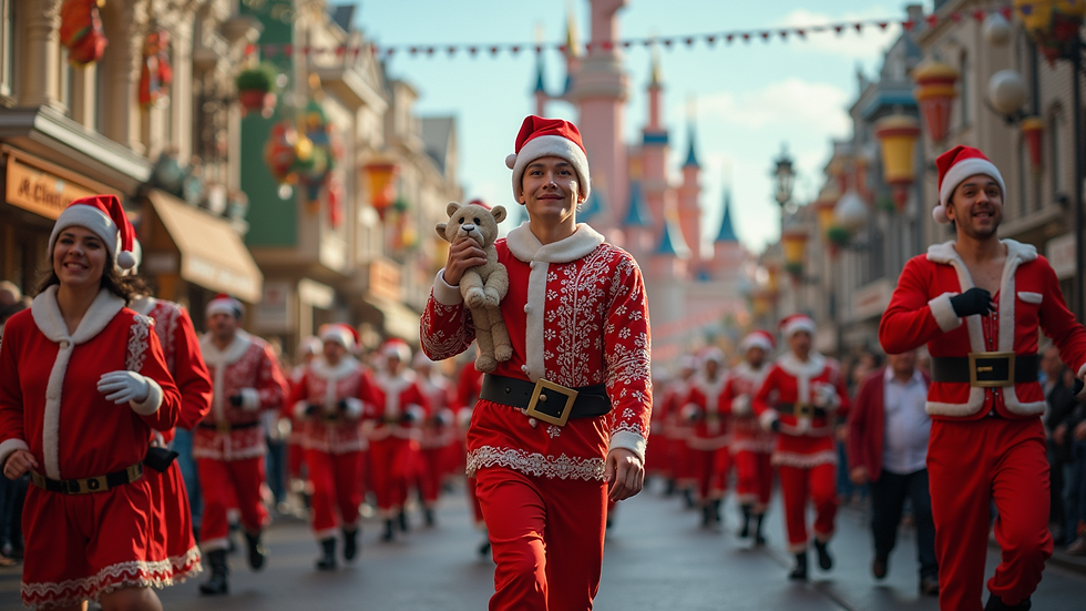 Wide angle view of a festive holiday parade at a theme park