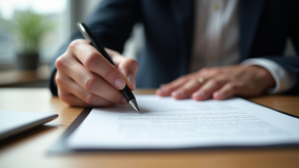 Close-up view of a contract being signed with a pen on a wooden desk