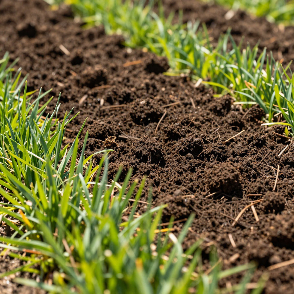 New grass sprouting in fresh topsoil where a stump was ground out