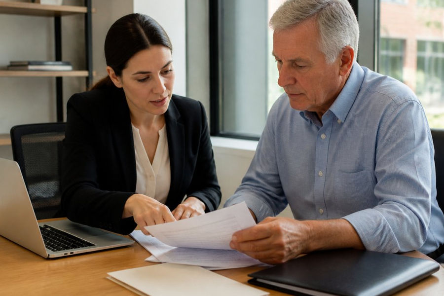 Benefits administrator discussing Medicare Part B enrollment with an employee at an office desk.