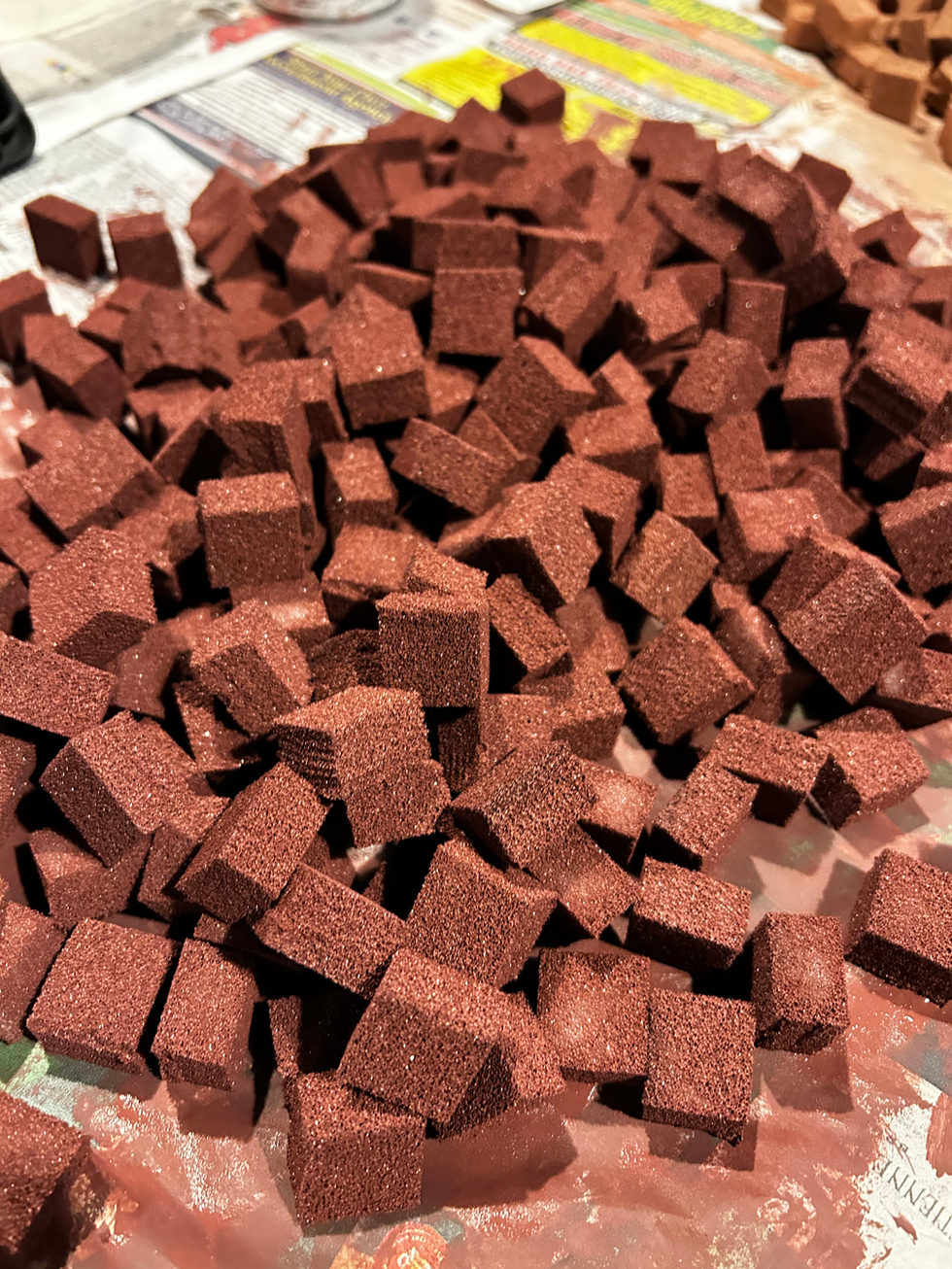 Foam cubes that were glued to the surface of the final product
