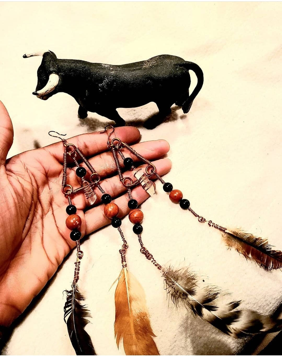 Red Jasper, Black Obsidian feathered Ear Rings