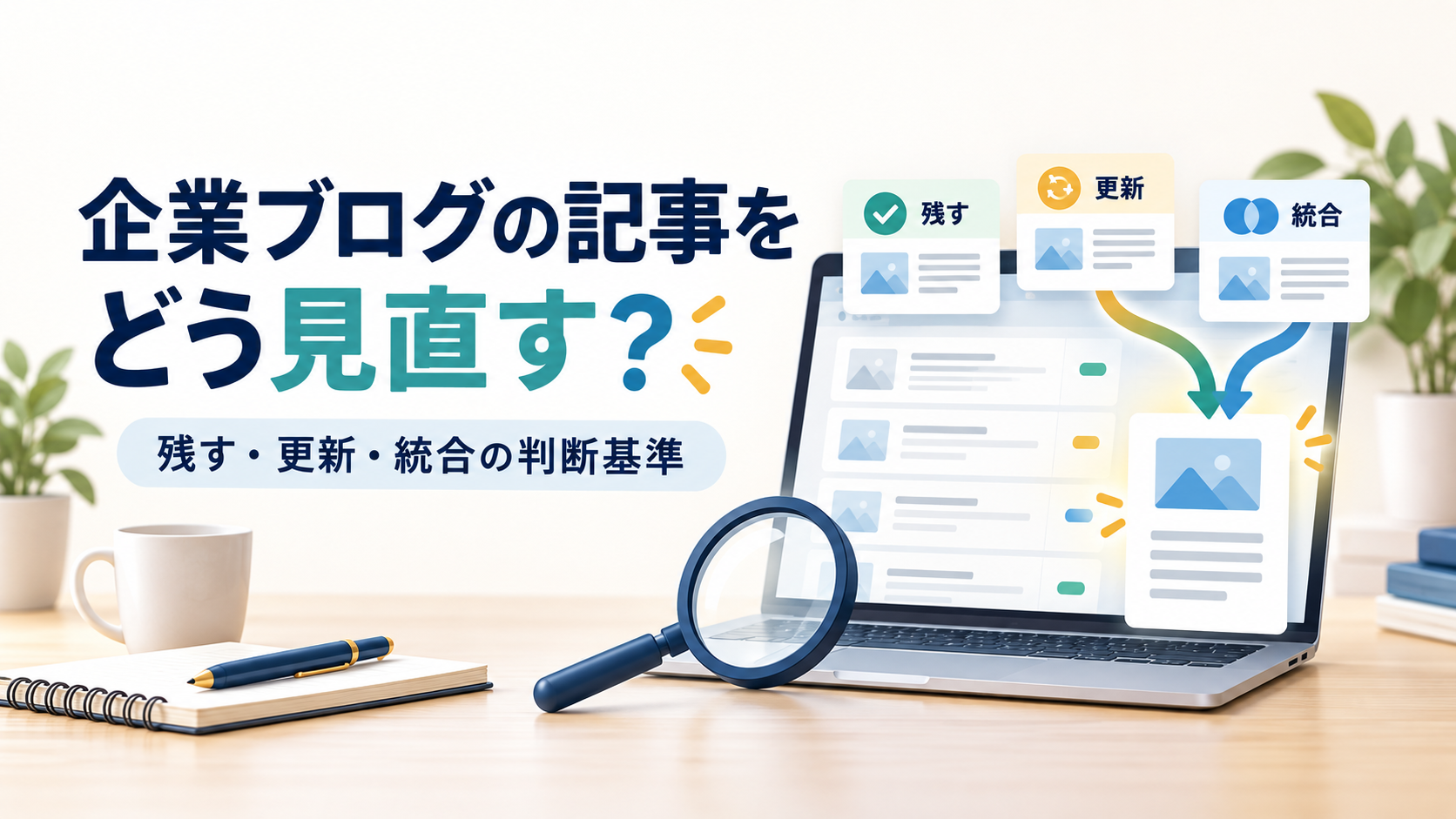 企業ブログの記事を残す・更新・統合に分けて見直すイメージ