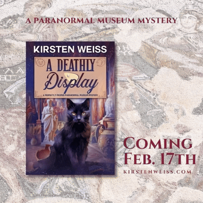 Animated book cover of A Deathly Display, a new paranormal museum cozy mystery by Kirsten Weiss. GD cat waves his paw. Sparkles erupt and  the Roman statues in the museum glow.