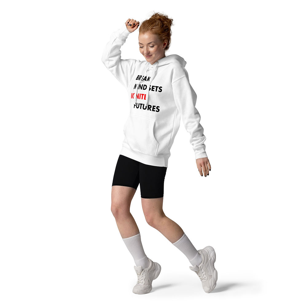 Thumbnail: 'BREAK MINDSETS. IGNITE FUTURES.’ hoodie in soft cotton blend with front pouch pocket, 3-panel hood, and matching drawstring