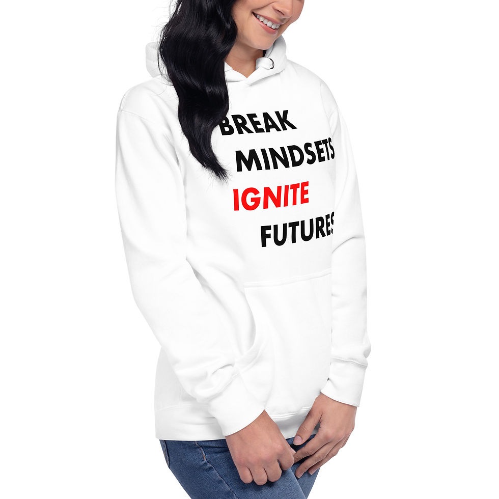 Thumbnail: 'BREAK MINDSETS. IGNITE FUTURES.’ hoodie in soft cotton blend with front pouch pocket, 3-panel hood, and matching drawstring