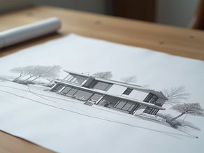 Eye-level view of a modern luxury home blueprint on a table