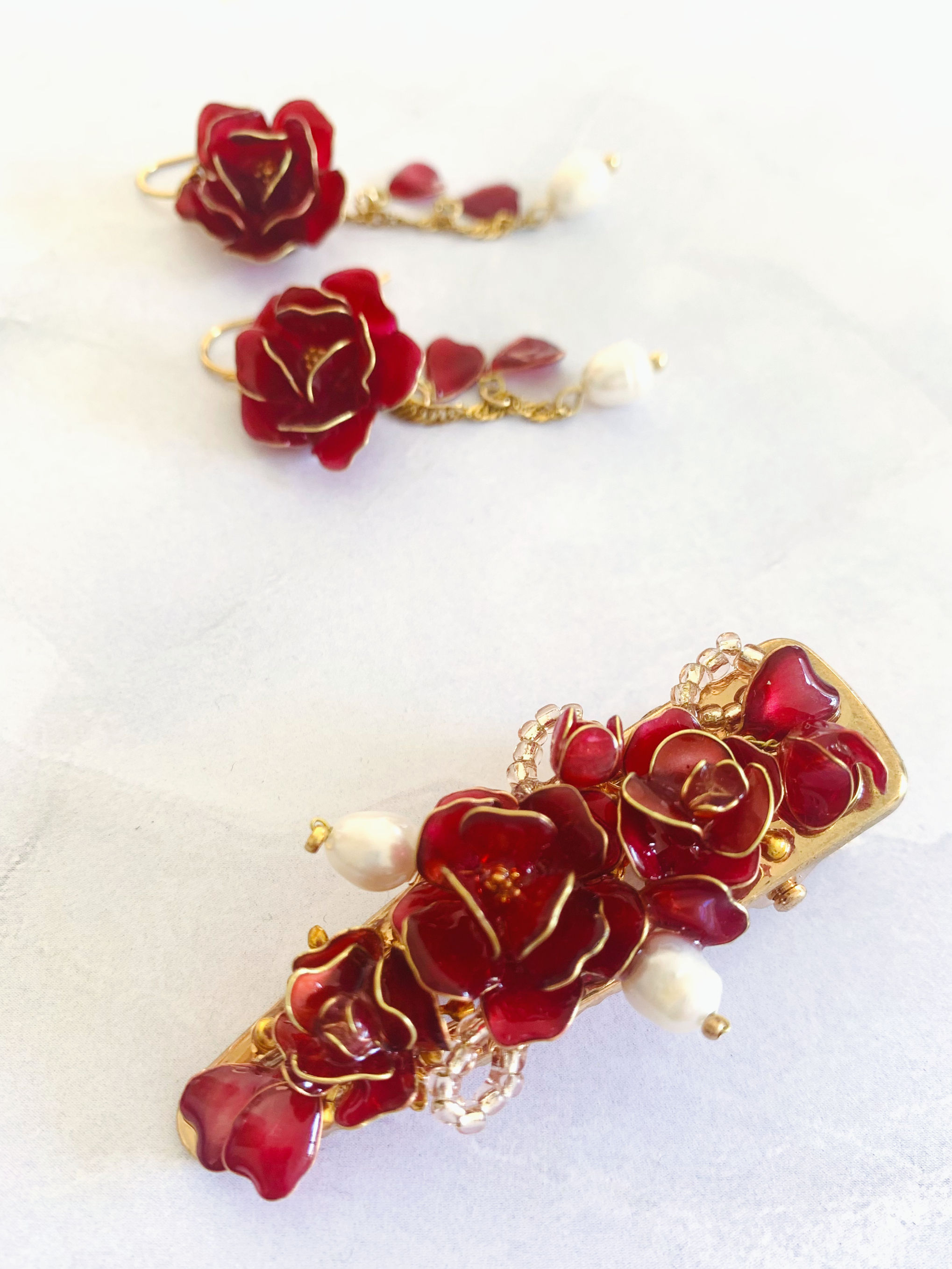 Rose and Pearl Earrings & Hair Ornament Set