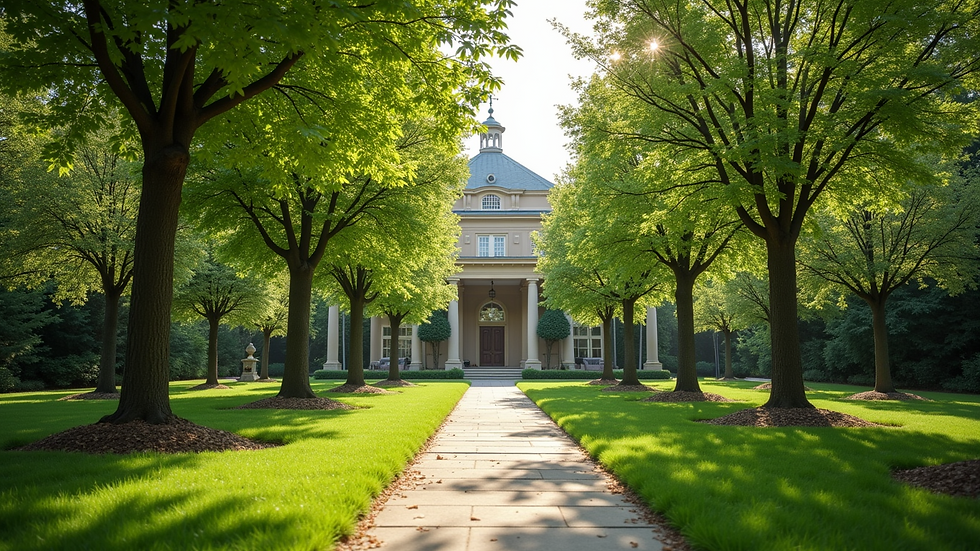 Wide angle view of a beautifully landscaped garden with healthy trees