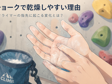 クライミングチョークを付けた指先のクローズアップ
