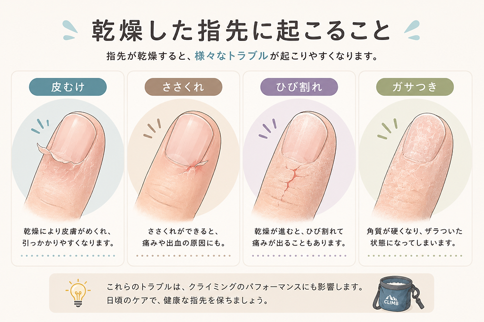 クライミングやボルダリングによる指先の乾燥トラブル(皮むけ・ささくれ・ひび割れ・ガサつき)のイメージ図