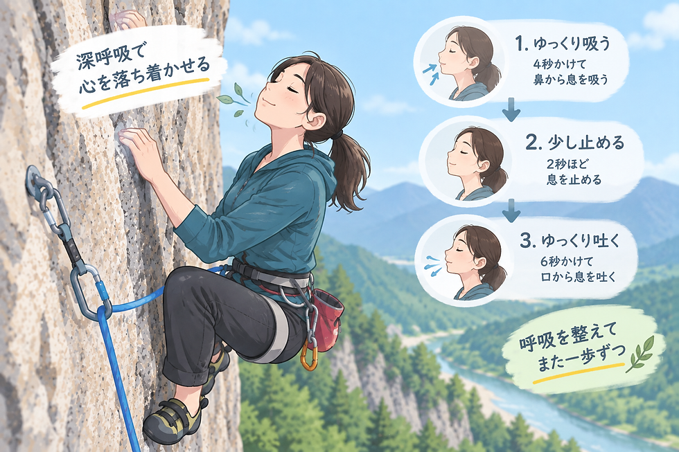 恐怖を感じたときに呼吸を整えるクライマー