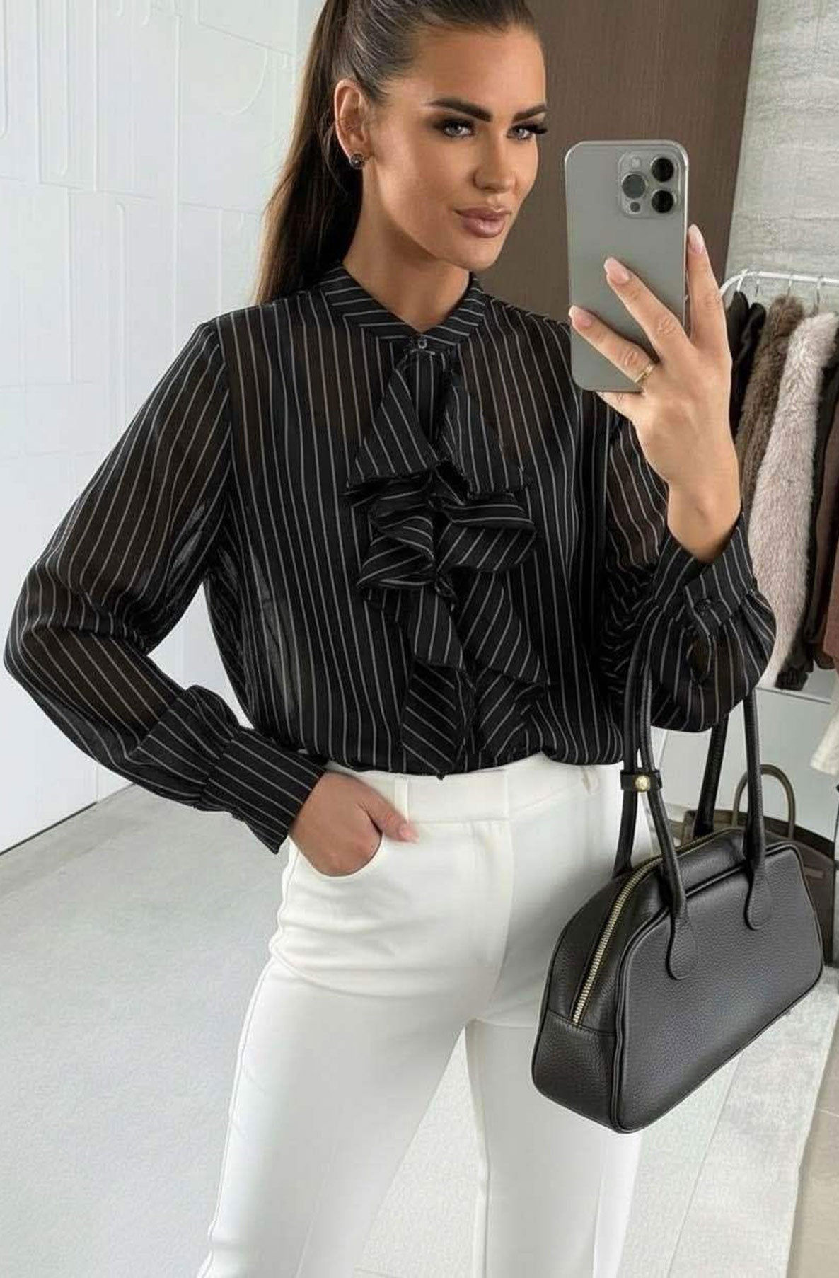 Luna black frill front stripe blouse with long sleeves and relaxed fit