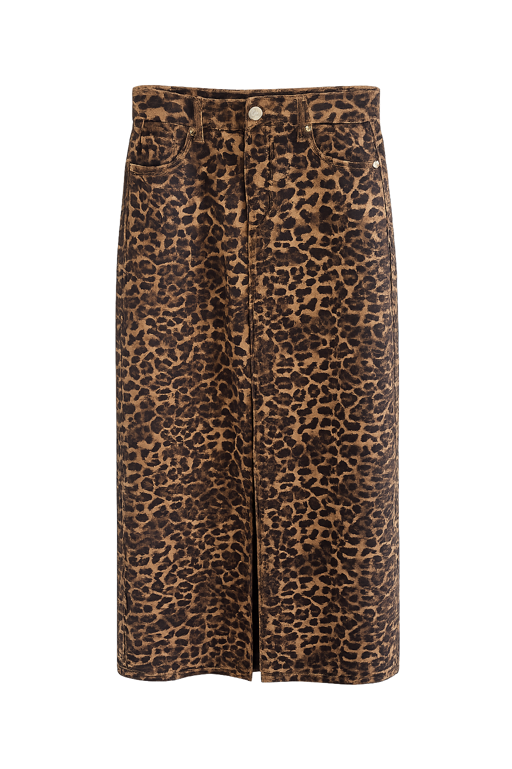 Leopard print denim style skirt with front split detail and relaxed fit