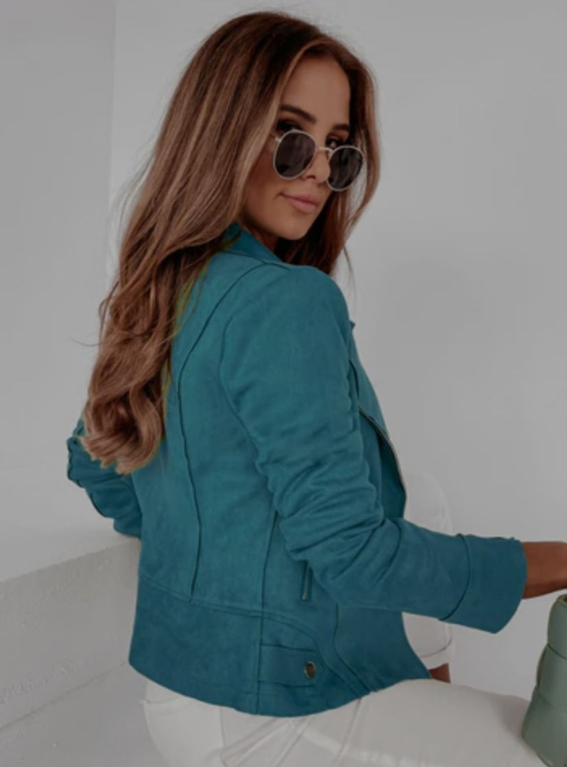 Back view of Nikita faux suede biker jacket in teal, buttery-soft fabric, Summerlillys