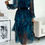 Thumbnail: Teal and black statement Bonita maxi dress, tiered frills, long sleeves, self tie wasit belt