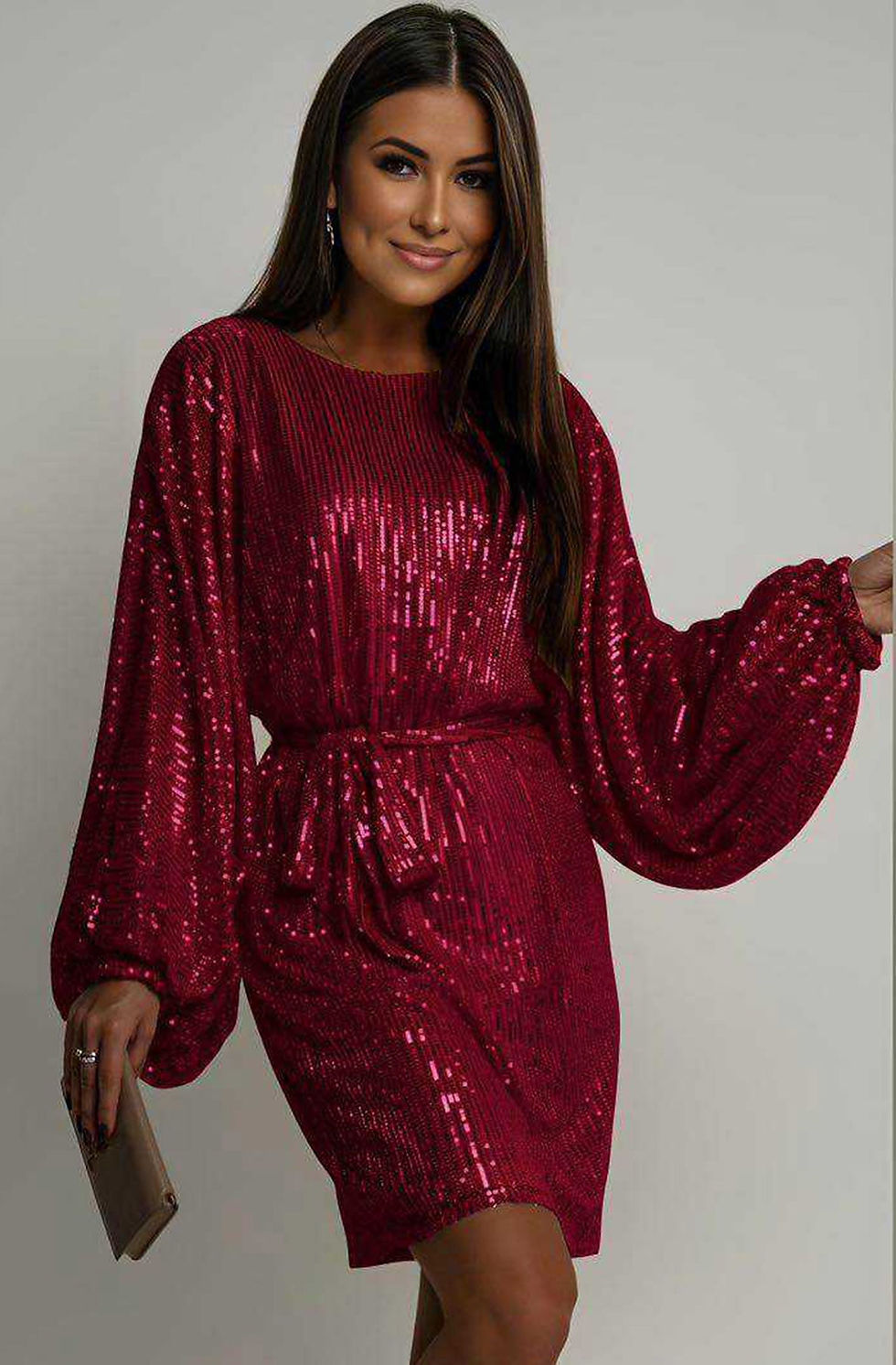 Front view of red sequin balloon sleeves mini dress with belt