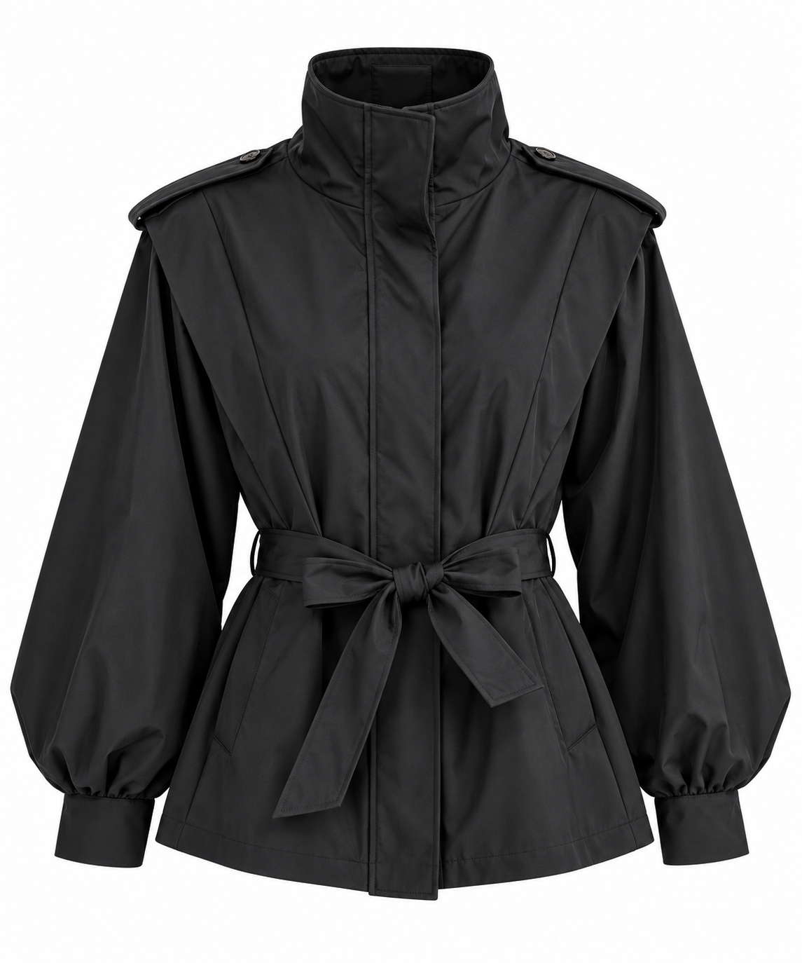 Black belted short trench jacket front view